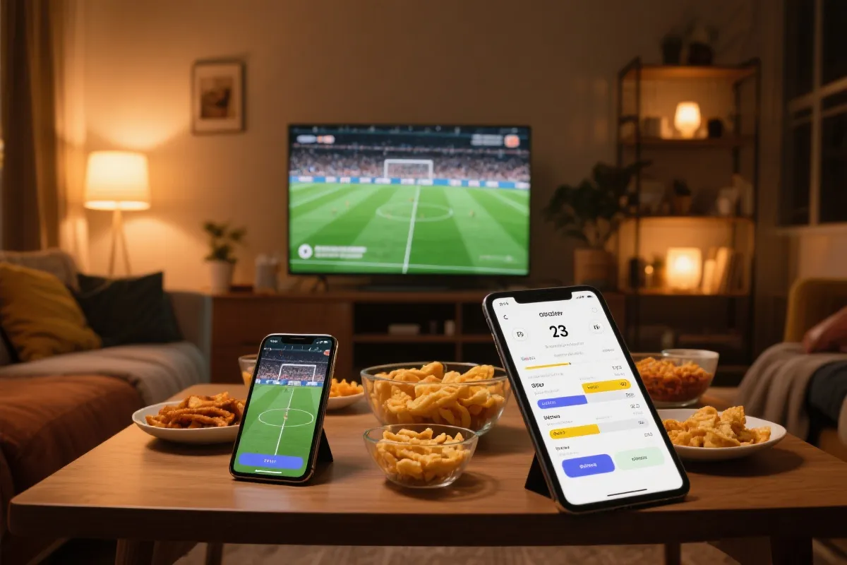 决赛之夜的客厅布置：大屏播放比赛，桌面有小吃与手机显示比分