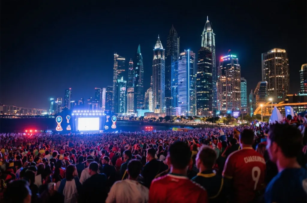 世界杯期间的城市夜景与球迷聚集场景，呈现赛事氛围与城市活力